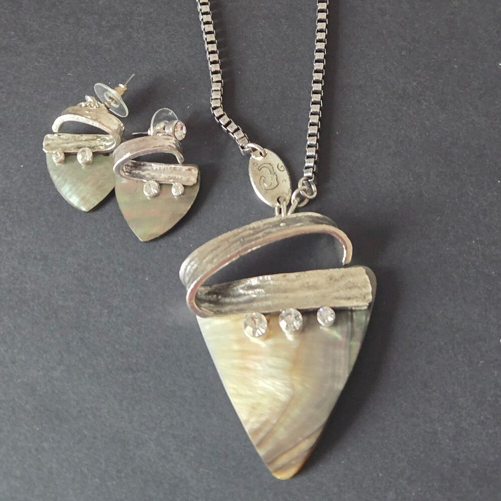 Vintage Triangular Mother-Of-Pearl & Crystal Necklace & Earring Set